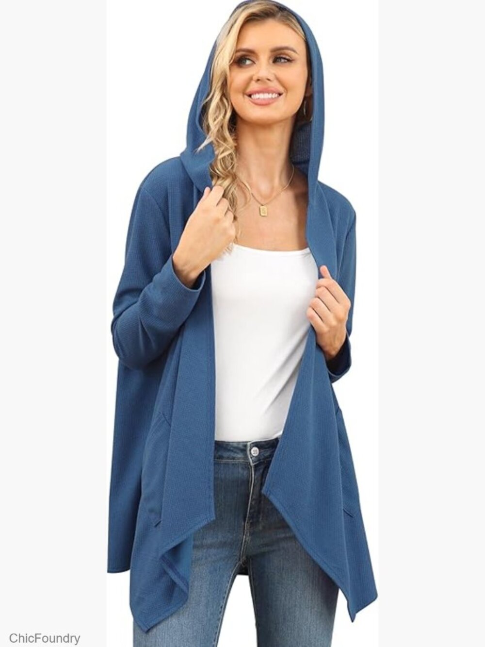 Lightweight Waffle Knit Cardigan with Hood and Pockets, Oversized Fit